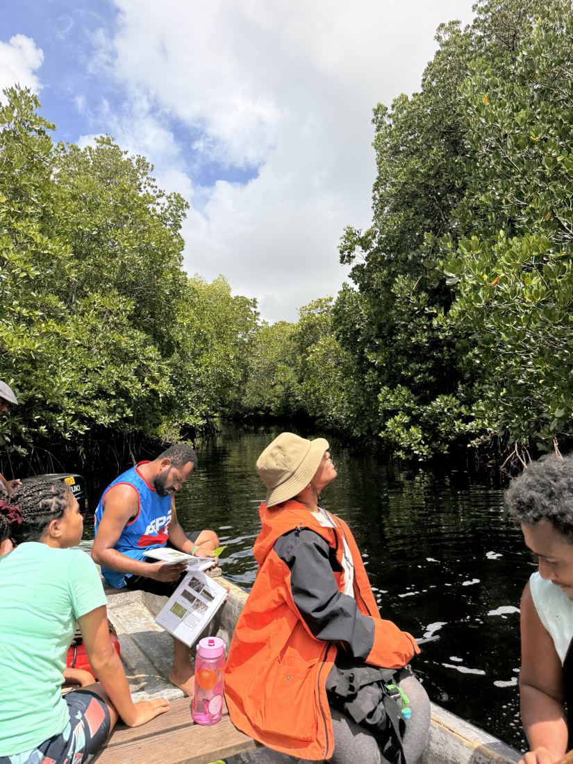 The survey team recording data on a boat in the mangrove river channel