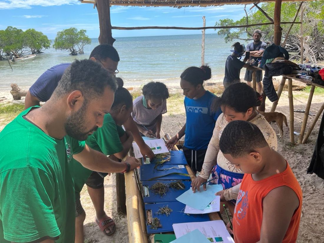 Children sorting seagrass samples with identification sheets at a beach table, guided by the Eda Davara team
